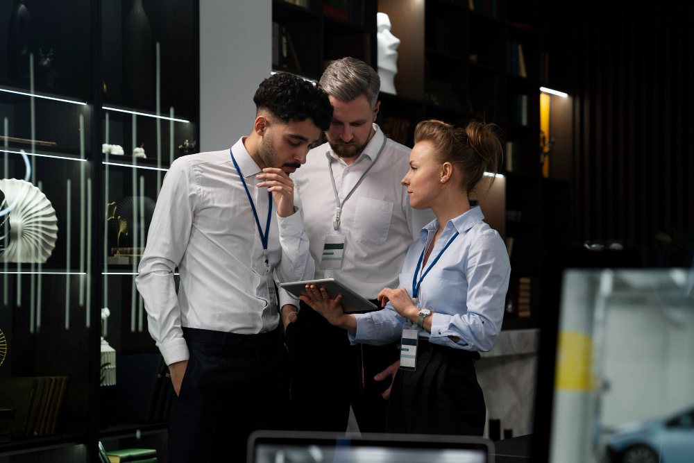 Three people gathered around a computer, analyzing a guide related to event security and on-site protection in AL.