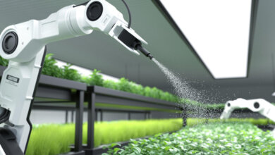 Greenhouse scene with a robot spraying plants, promoting healthy growth through smart irrigation and lighting systems.