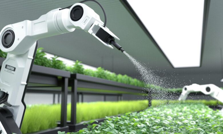 Greenhouse scene with a robot spraying plants, promoting healthy growth through smart irrigation and lighting systems.