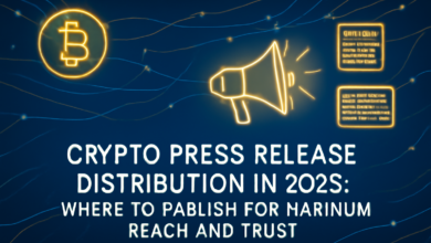 Stylized digital illustration featuring a glowing Bitcoin symbol, a neon megaphone, and digital press graphics over a dark blue network background, with bold text reading: "Crypto Press Release Distribution in 2025: Where to Publish for Maximum Reach and Trust."