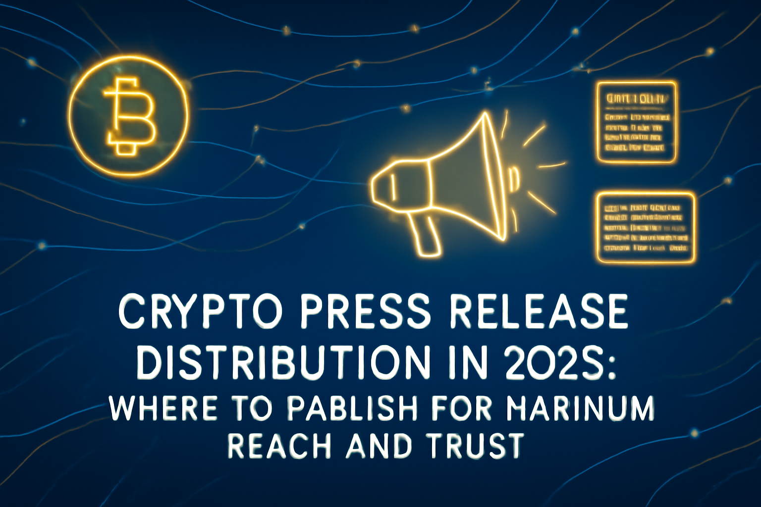 Stylized digital illustration featuring a glowing Bitcoin symbol, a neon megaphone, and digital press graphics over a dark blue network background, with bold text reading: "Crypto Press Release Distribution in 2025: Where to Publish for Maximum Reach and Trust."