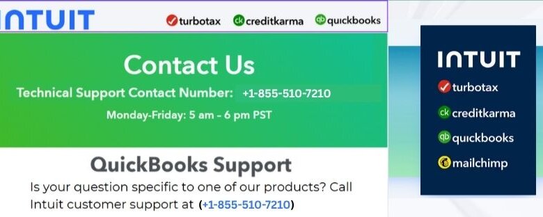 Intuit support contact information image showing logos for TurboTax, Credit Karma, QuickBooks, and Mailchimp. The technical support number is +1-855-510-7210, available Monday to Friday, 5 AM to 6 PM PST.