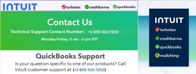 Intuit support contact information image showing logos for TurboTax, Credit Karma, QuickBooks, and Mailchimp. The technical support number is +1-855-510-7210, available Monday to Friday, 5 AM to 6 PM PST.