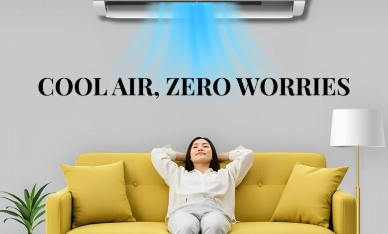 A woman relaxes on a yellow couch as cool air from an ASSAISH AC flows, with text "COOL AIR, ZERO WORRIES
