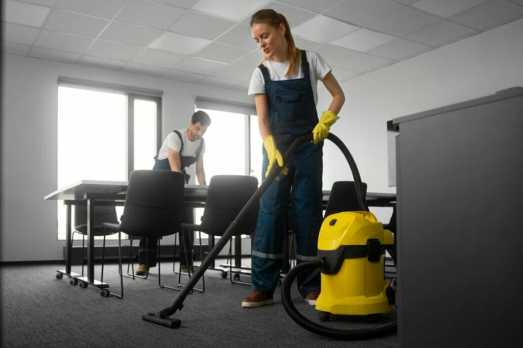 Professional cleaners cleaning the office