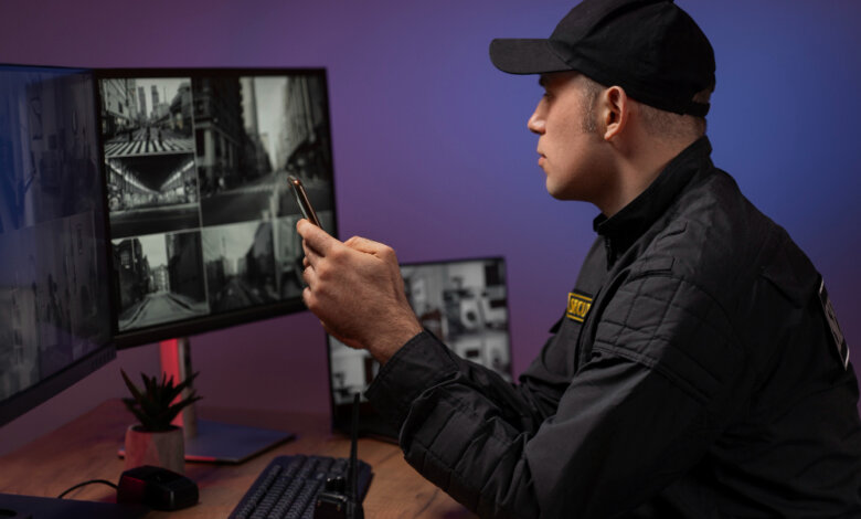 A man in a black shirt studies a computer screen, showcasing Trusted Site Security and Guard Patrol Services in Oakland.