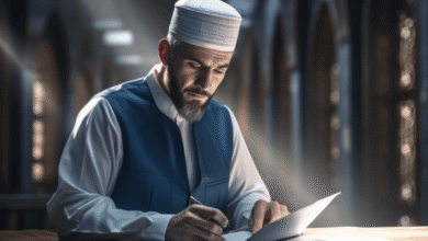 Muslim man writing on paper inside a mosque, surrounded by traditional Islamic architecture and serene atmosphere.