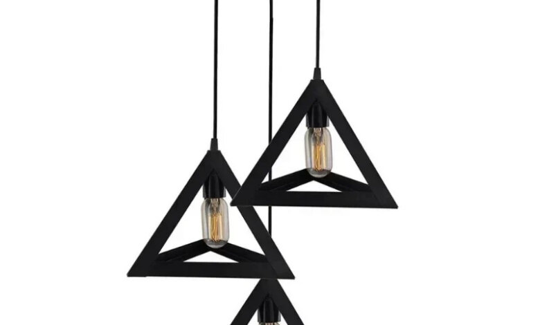 “3 in 1 Triangle Shape Hanging Light – Modern geometric pendant lamp with three bulbs on a triangular frame, perfect for stylish interiors.
