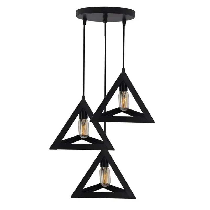 “3 in 1 Triangle Shape Hanging Light – Modern geometric pendant lamp with three bulbs on a triangular frame, perfect for stylish interiors.