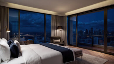 Luxury condo suite with top city view of the night sky