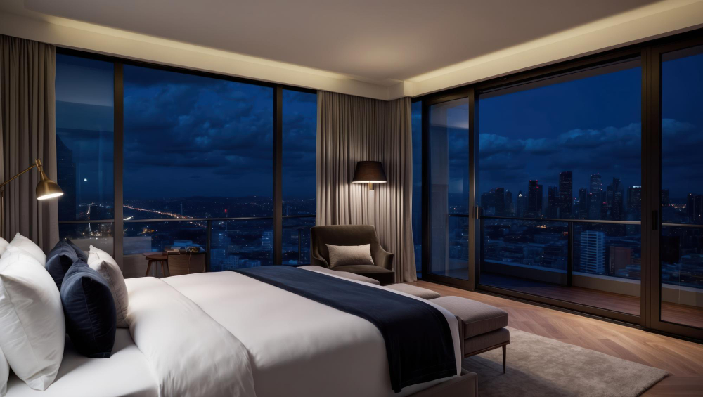 Luxury condo suite with top city view of the night sky