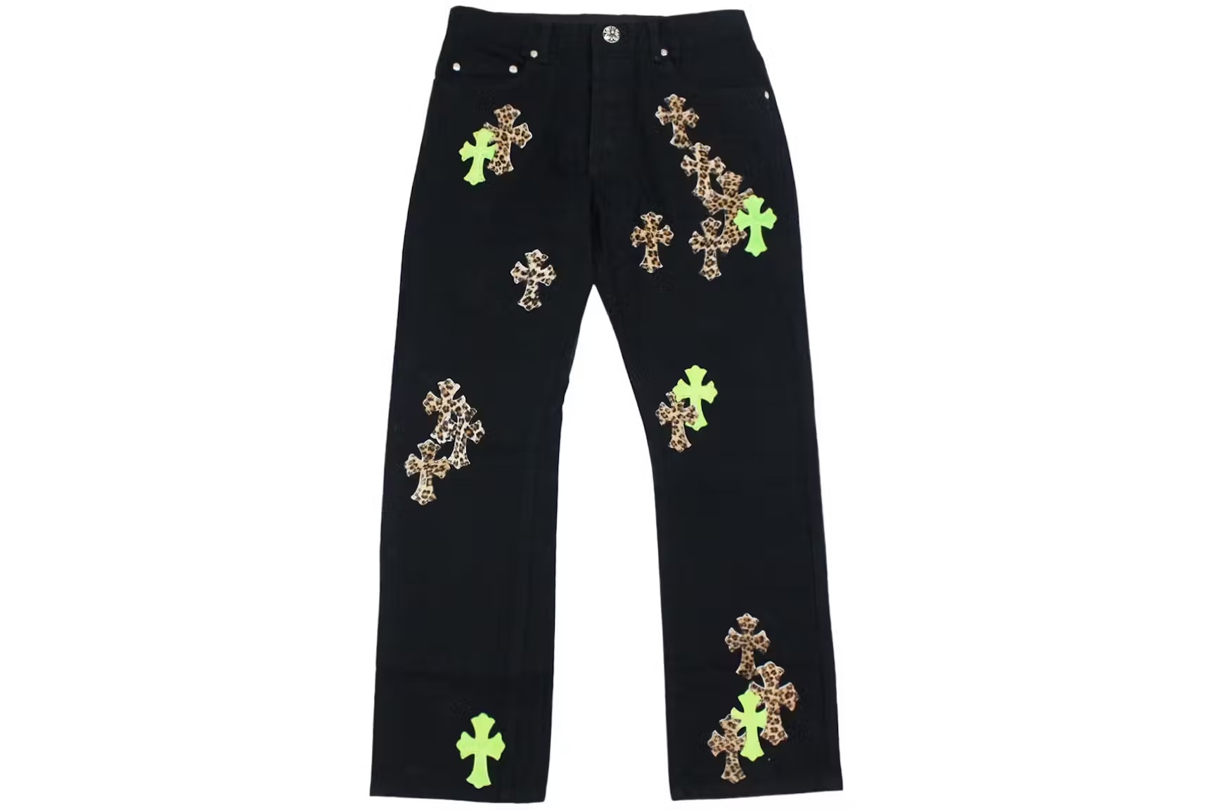 Chrome Hearts Green & Leopard Cross Patch Jeans