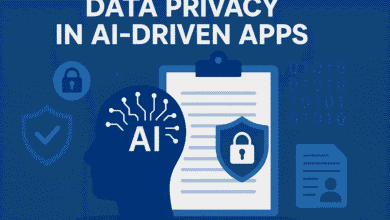 A digital illustration depicting data privacy in AI-driven apps, featuring a human head silhouette with AI circuit lines, a clipboard with a lock shield icon, binary code in the background, and various security symbols like padlocks and checkmarks, all set against a blue gradient background.