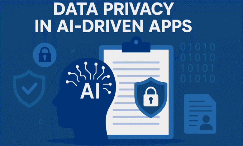 A digital illustration depicting data privacy in AI-driven apps, featuring a human head silhouette with AI circuit lines, a clipboard with a lock shield icon, binary code in the background, and various security symbols like padlocks and checkmarks, all set against a blue gradient background.