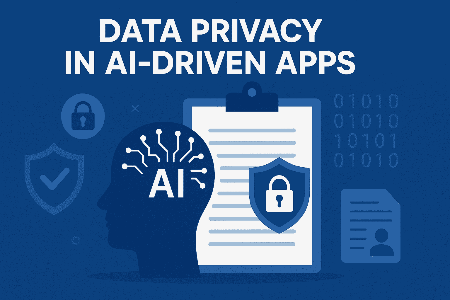 A digital illustration depicting data privacy in AI-driven apps, featuring a human head silhouette with AI circuit lines, a clipboard with a lock shield icon, binary code in the background, and various security symbols like padlocks and checkmarks, all set against a blue gradient background.