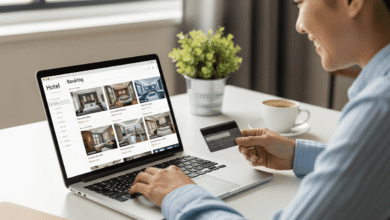 Lady on a laptop, booking hotel suites online