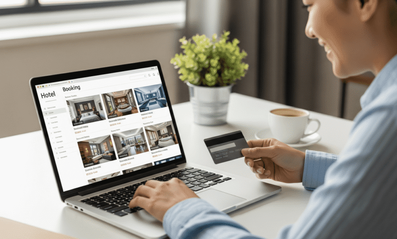 Lady on a laptop, booking hotel suites online