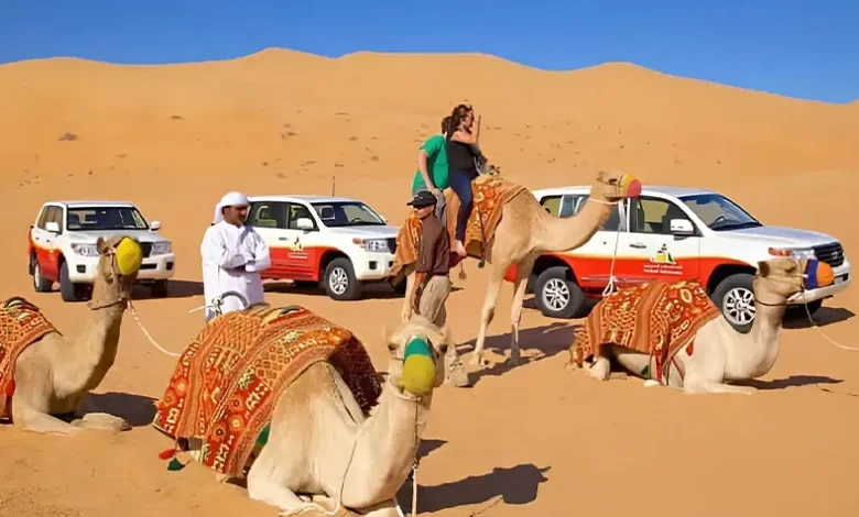 Dubai Desert Safari with dune bashing SUV, camel ride, and golden sand dunes under a sunset sky