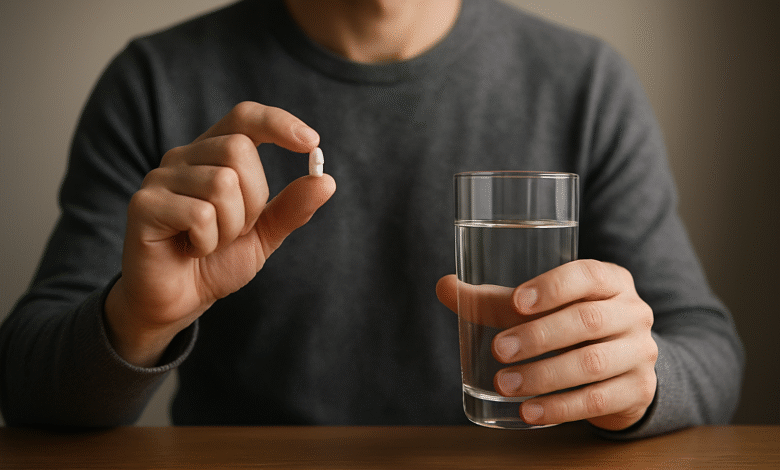 man holding pill