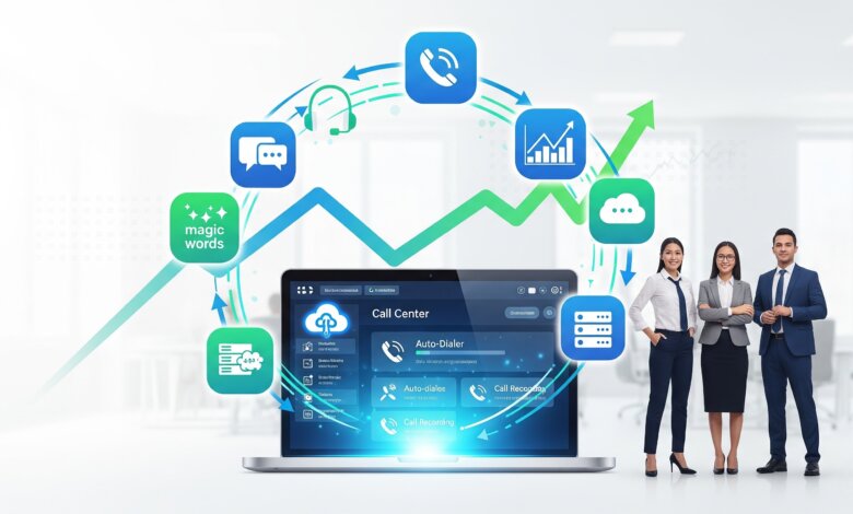 A futuristic illustration revealing the secret to sales success: a confident team using a cloud call center dashboard to drive business growth.