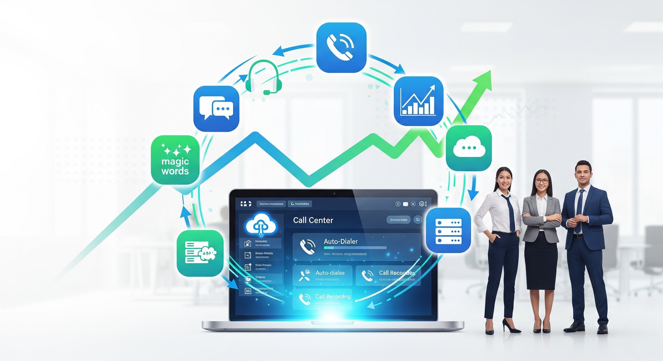A futuristic illustration revealing the secret to sales success: a confident team using a cloud call center dashboard to drive business growth.