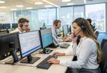 Office workers wearing headsets sit at desks with computers, assisting clients over the phone in a modern open-plan office with large windows and glass partitions.