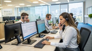 Office workers wearing headsets sit at desks with computers, assisting clients over the phone in a modern open-plan office with large windows and glass partitions.