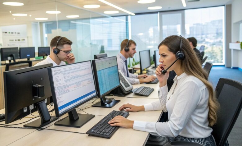Office workers wearing headsets sit at desks with computers, assisting clients over the phone in a modern open-plan office with large windows and glass partitions.