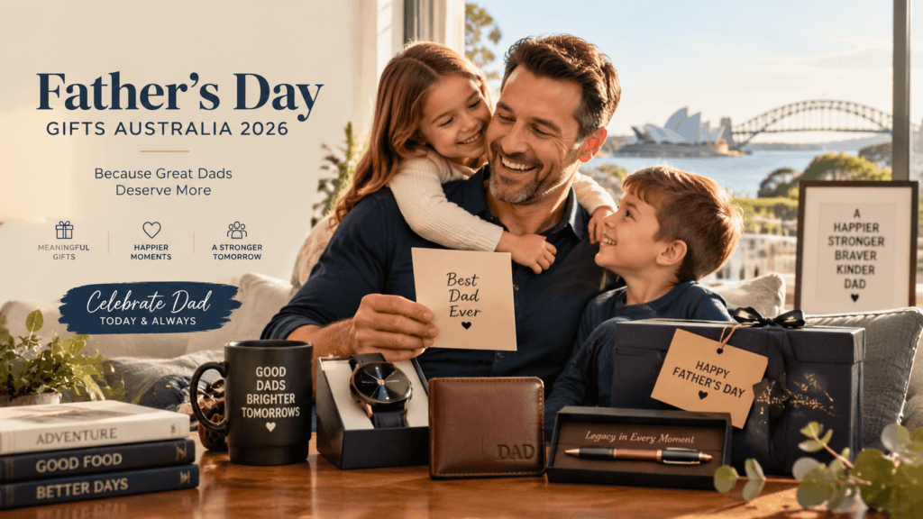 Father’s Day gifts Australia 2026 featuring a happy father with family and personalised gift ideas in a modern home.