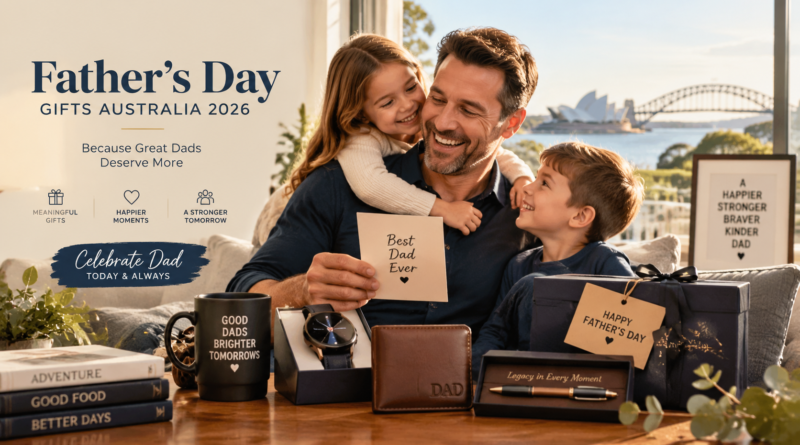 Father’s Day gifts Australia 2026 featuring a happy father with family and personalised gift ideas in a modern home.